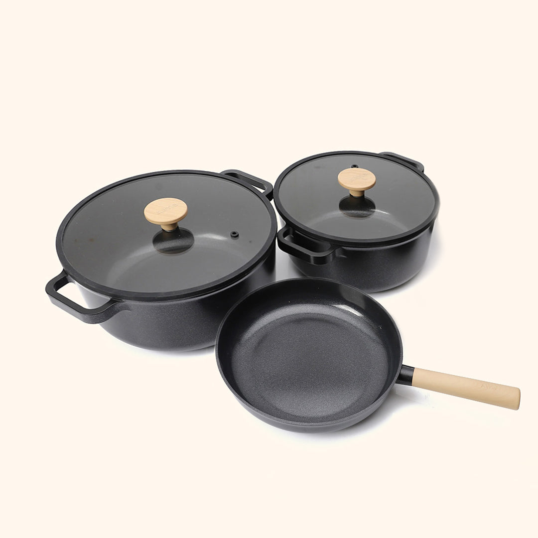 3-Piece Ceramic Cookware Set (Handles included) - Beige & Black